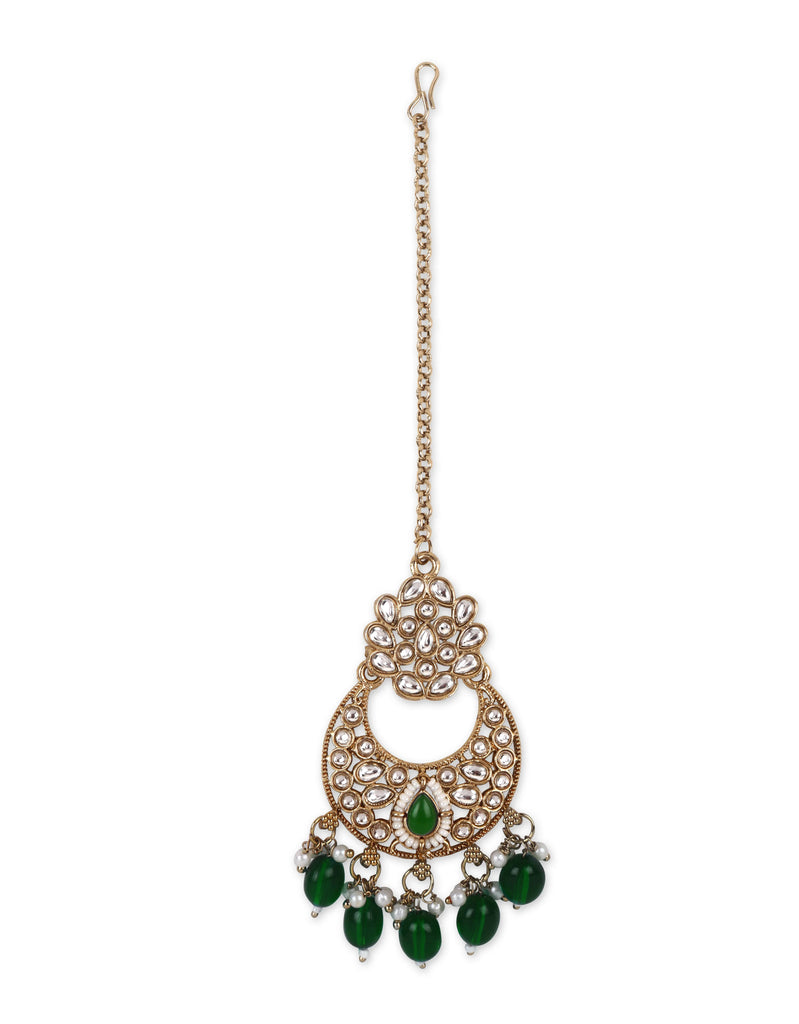 Premium Semi Bridal Kundan Necklace set with Green Beads
