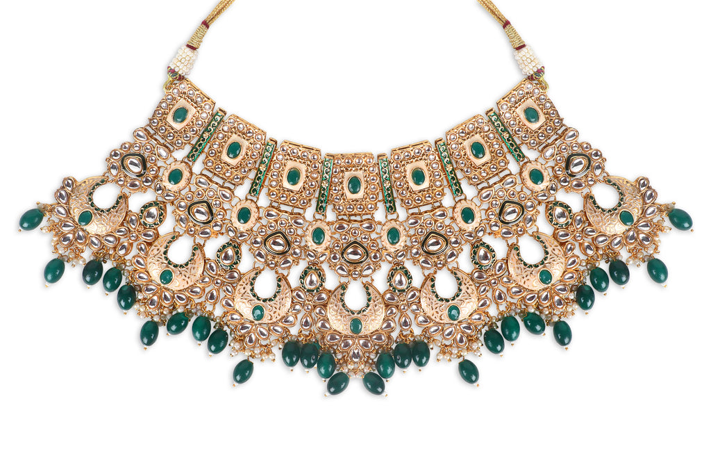 Luxe Gold Plated Kundan Stone With Green Beads Bridal Set