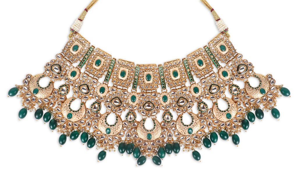 Luxe Gold Plated Kundan With Green Beads Bridal Set