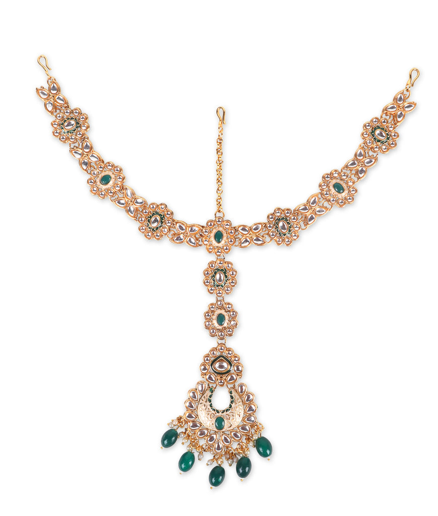 Luxe Gold Plated Kundan Stone With Green Beads Bridal Set