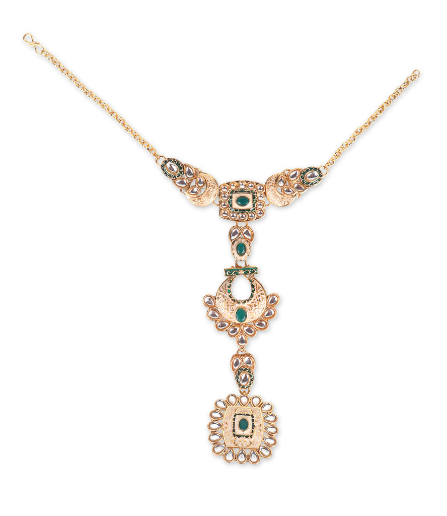 Luxe Gold Plated Kundan Stone With Green Beads Bridal Set