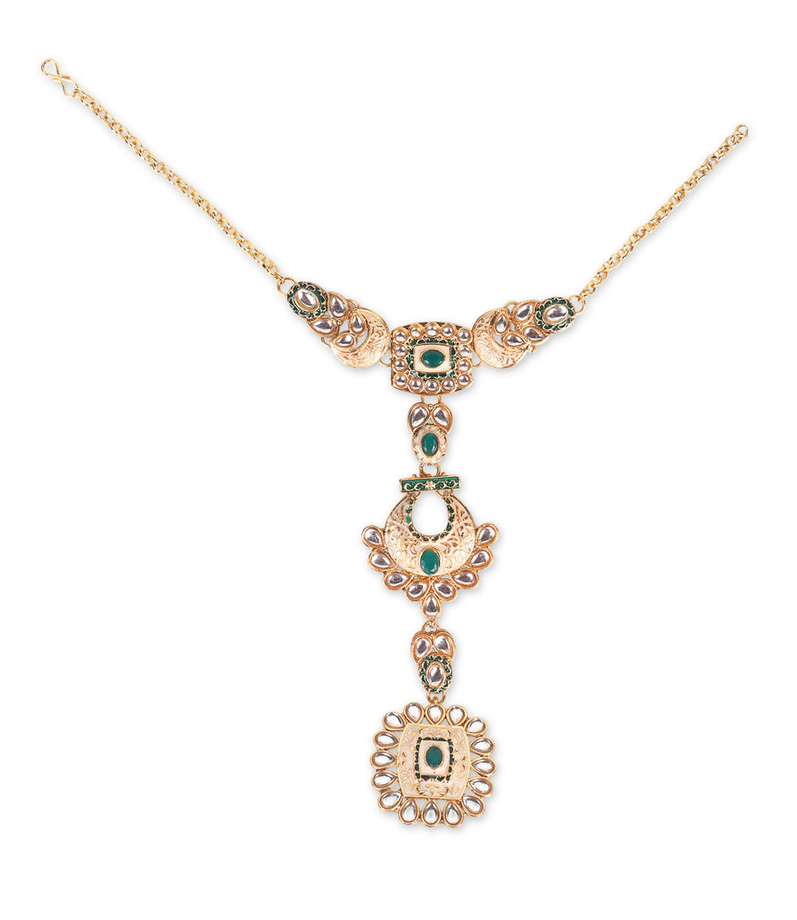 Luxe Gold Plated Kundan With Green Beads Bridal Set