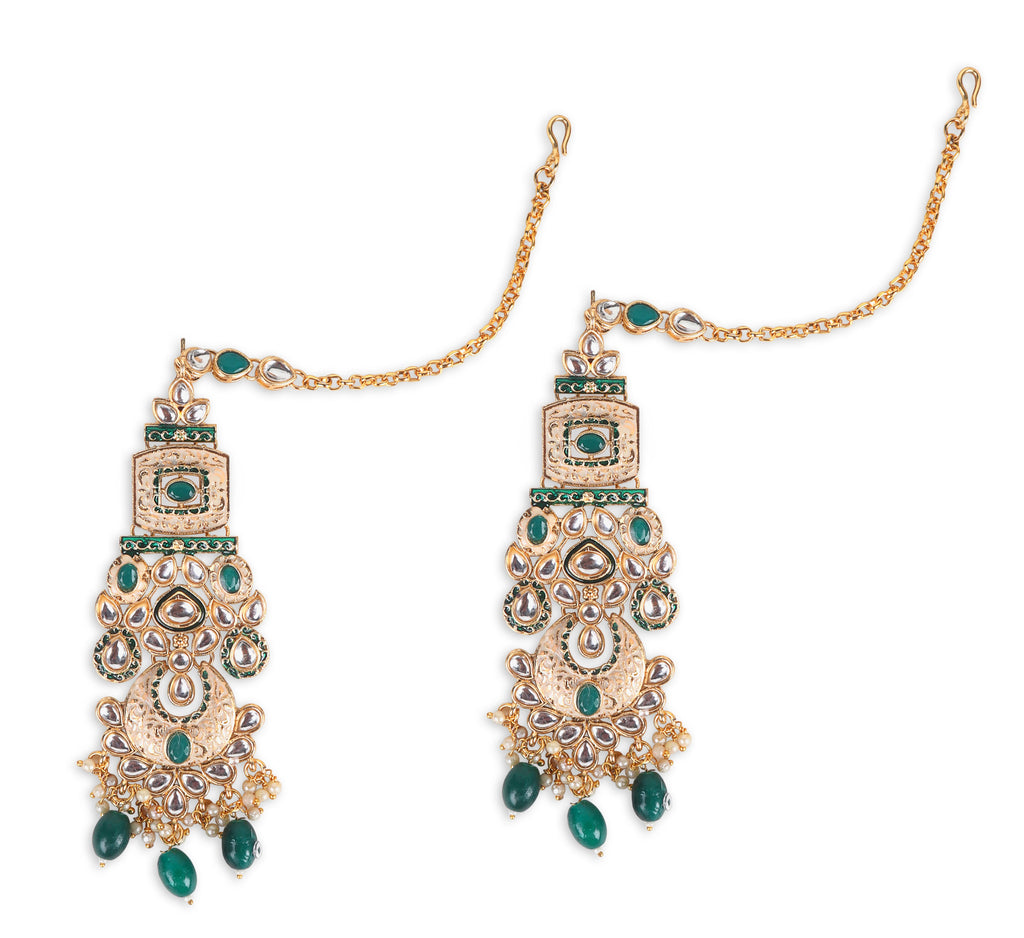 Luxe Gold Plated Kundan Stone With Green Beads Bridal Set