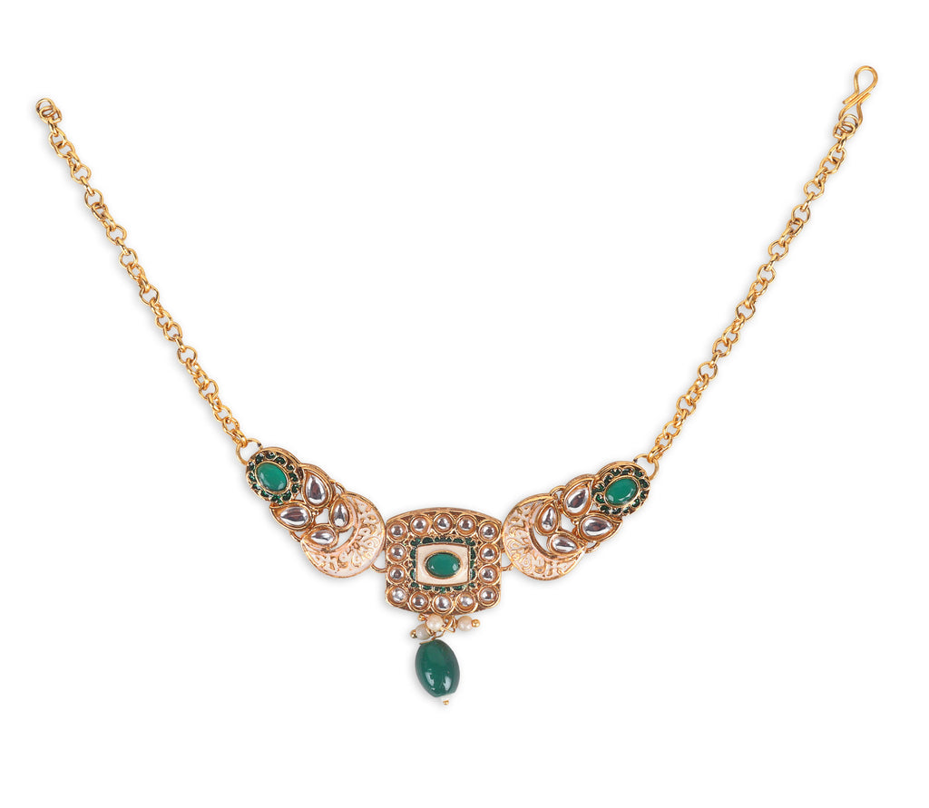 Luxe Gold Plated Kundan Stone With Green Beads Bridal Set