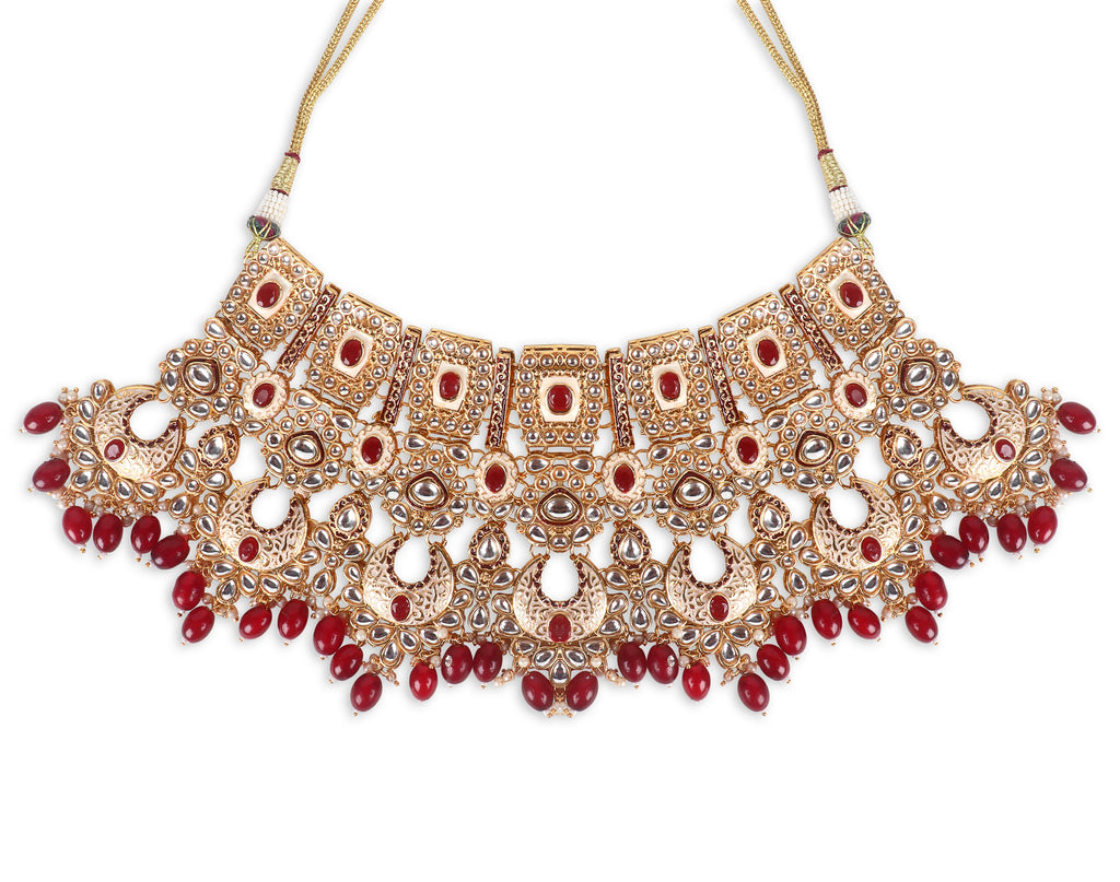 Luxe Gold Plated Kundan Stone With Maroon Beads Bridal Set