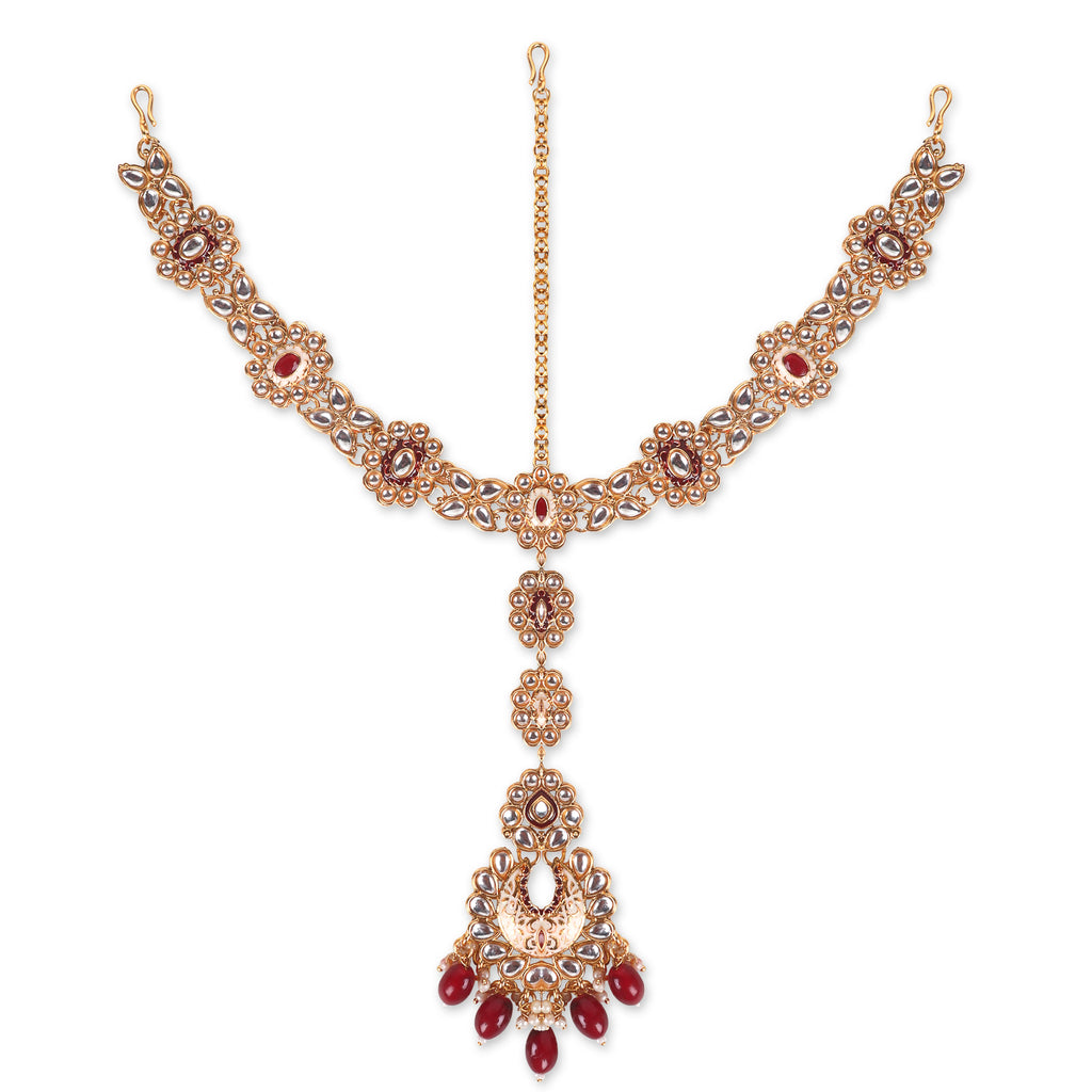 Luxe Gold Plated Kundan Stone With Maroon Beads Bridal Set