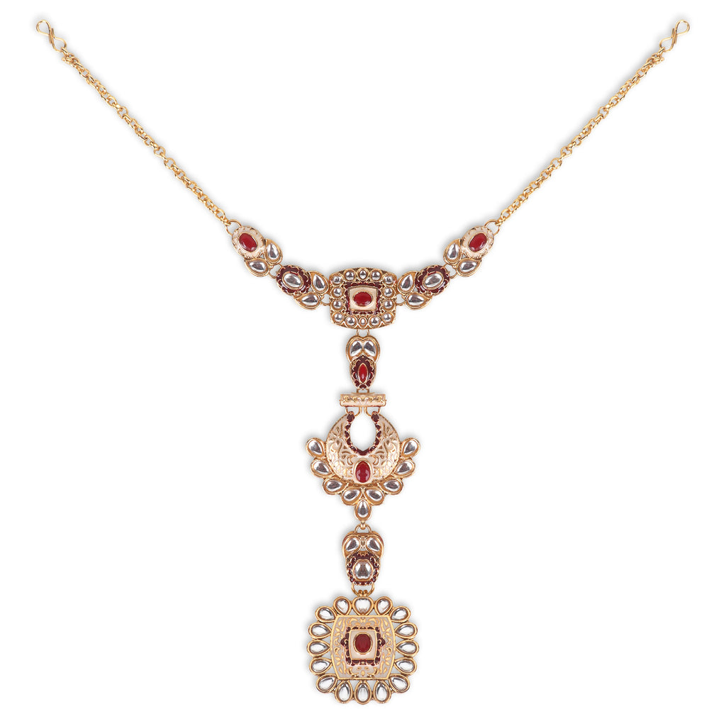 Luxe Gold Plated Kundan Stone With Maroon Beads Bridal Set