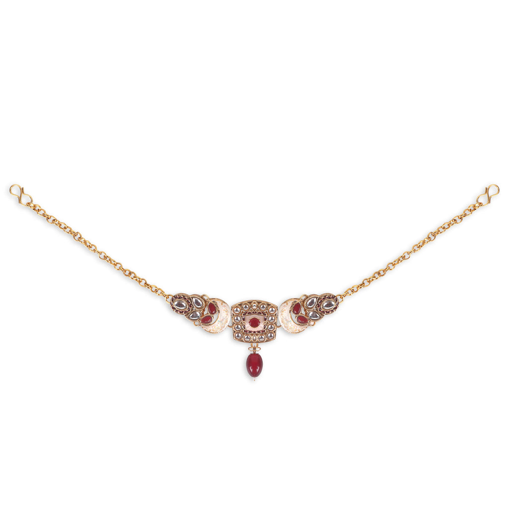 Luxe Gold Plated Kundan Stone With Maroon Beads Bridal Set