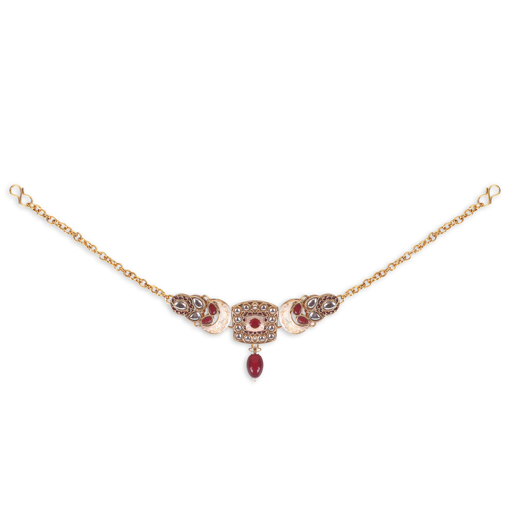 Luxe Gold Plated Kundan Stone With Maroon Beads Bridal Set