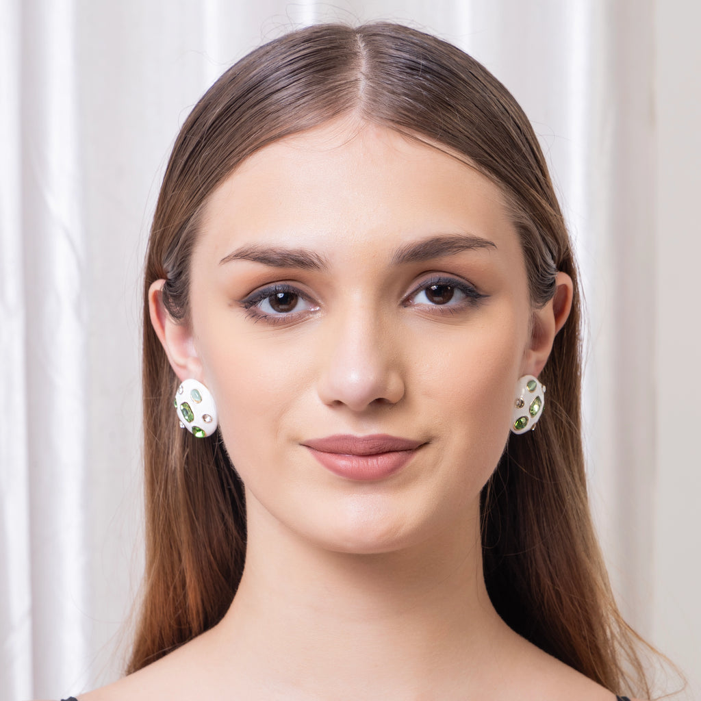 Studs White Earring with Green Stone