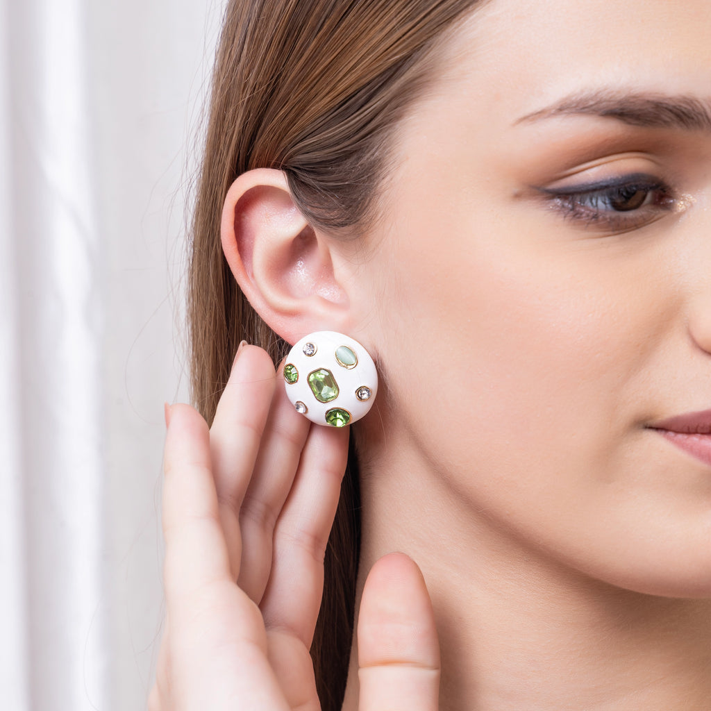 Studs White Earring with Green Stone