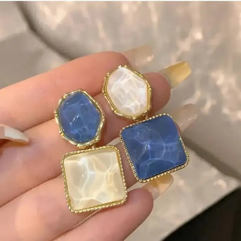 Korean Gold-Plated Blue and White Earring